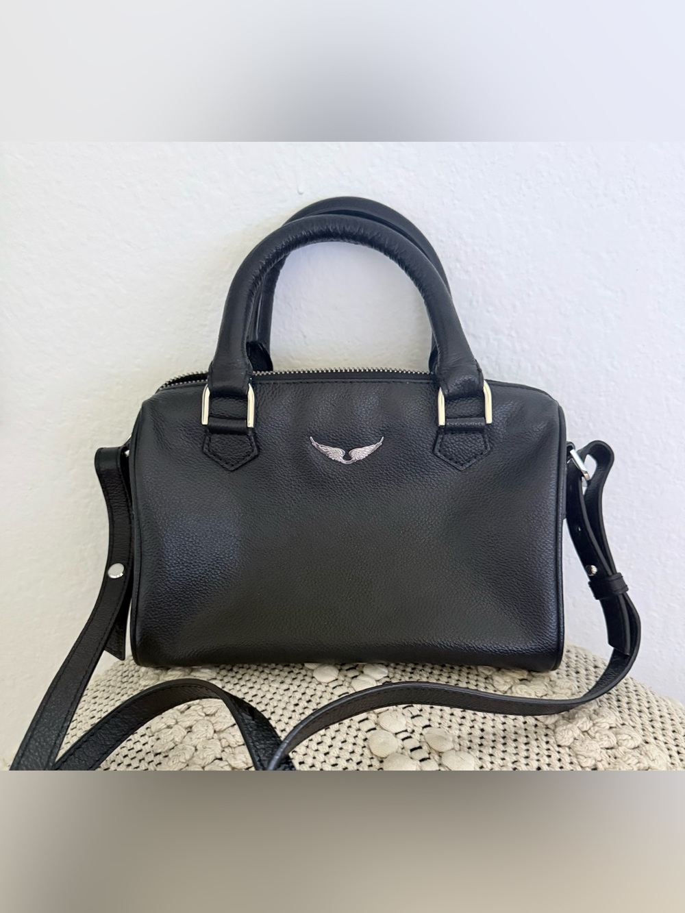 Zadig & Voltaire Black Leather Satchel with Wing Emblem